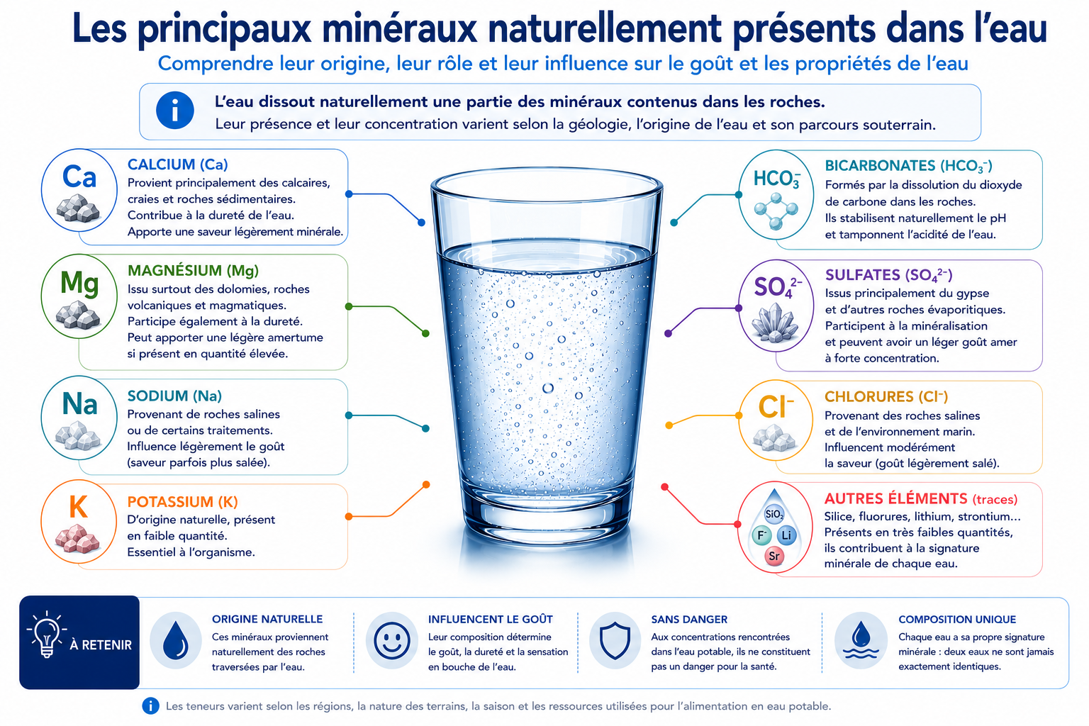 Les principaux minéraux naturellement présents dans l'eau potable